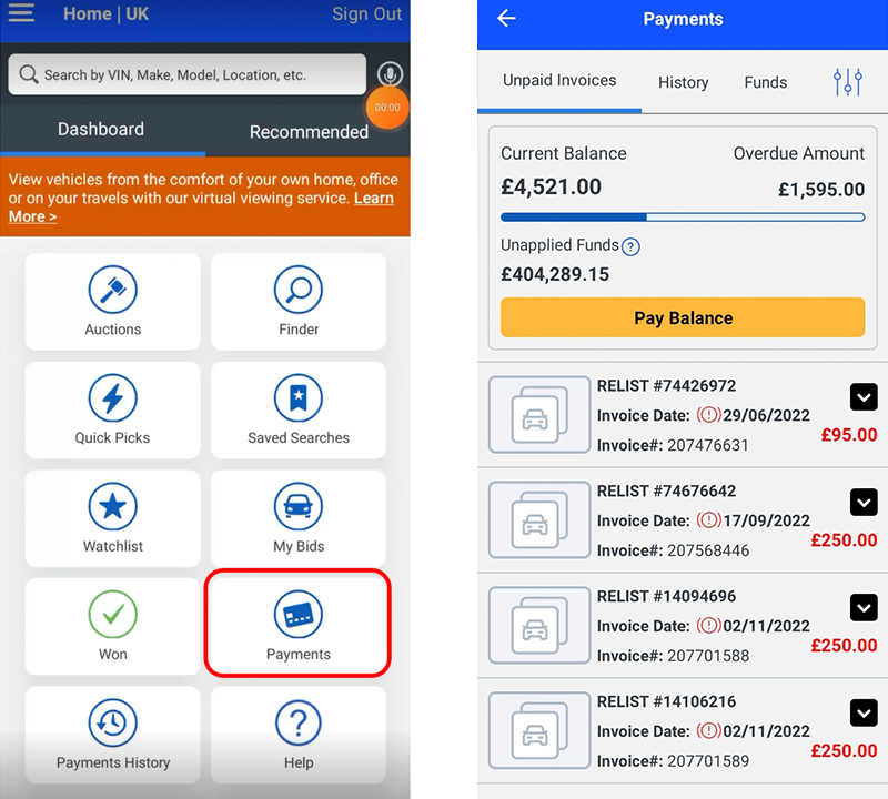 An image of the bank pay app home page and invoices page