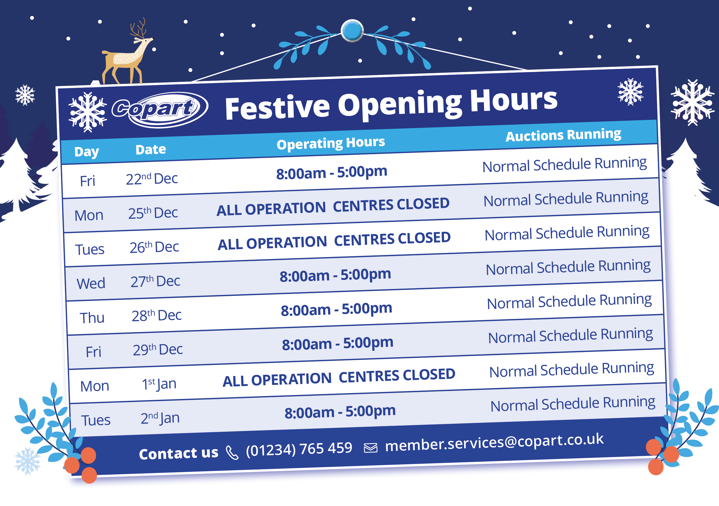 Festive Opening Hours for 2023 Copart UK