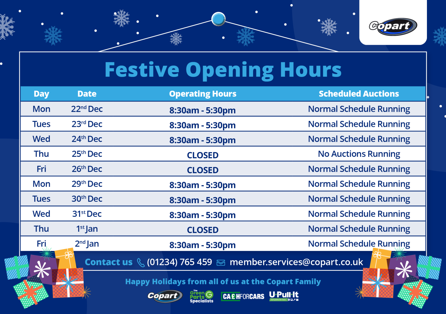 Copart's festive opening hours
