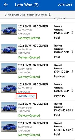 Add Delivery to Lots Won